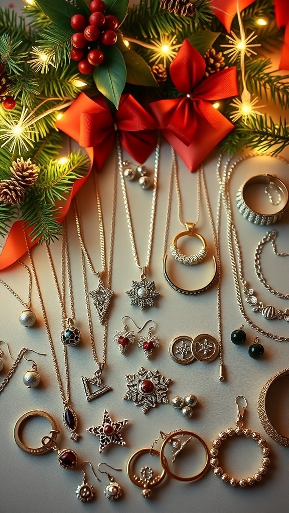 Jewelry Gift Ideas for Christmas Wishlist A flat lay of elegant jewelry pieces including necklaces and earrings on a festive holiday background.